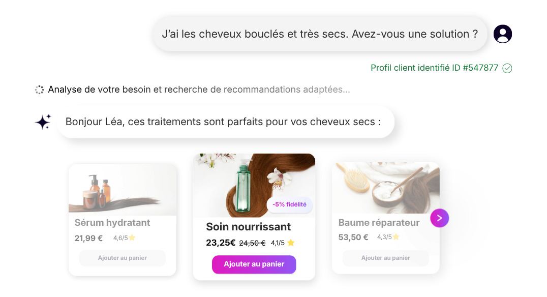 Conversation avec l'agent IA sur une boutique en ligne : à partir d'une demande formulée en langage naturel sur des cheveux bouclés et secs, l'agent identifie le profil client puis recommande trois produits avec leurs prix, leurs notes et une remise fidélité